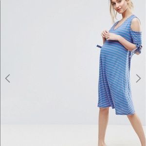 Maternity Striped Cold Shoulder Dress